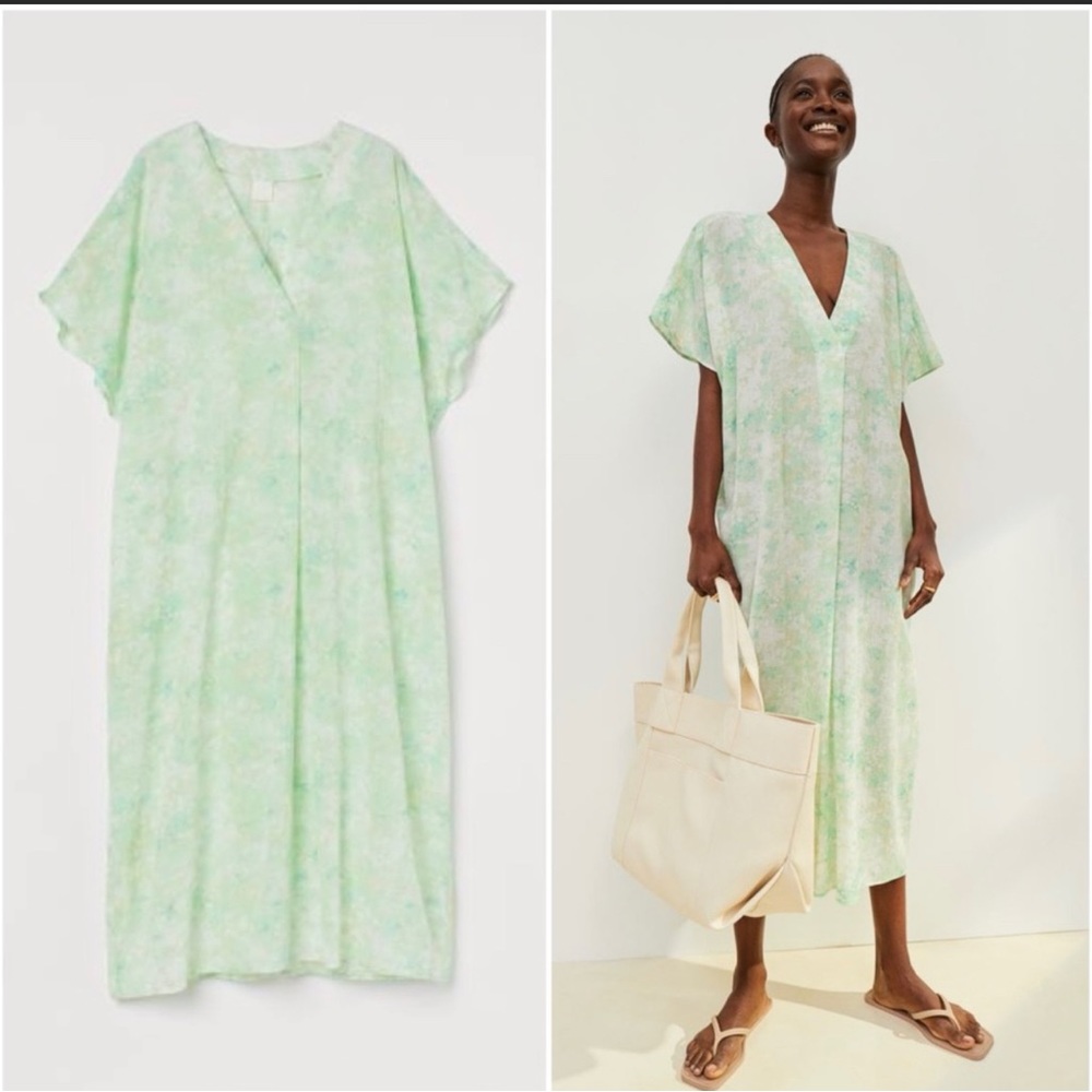 Ladies - Green V-Neck oversized Kaftan Dress H&M
